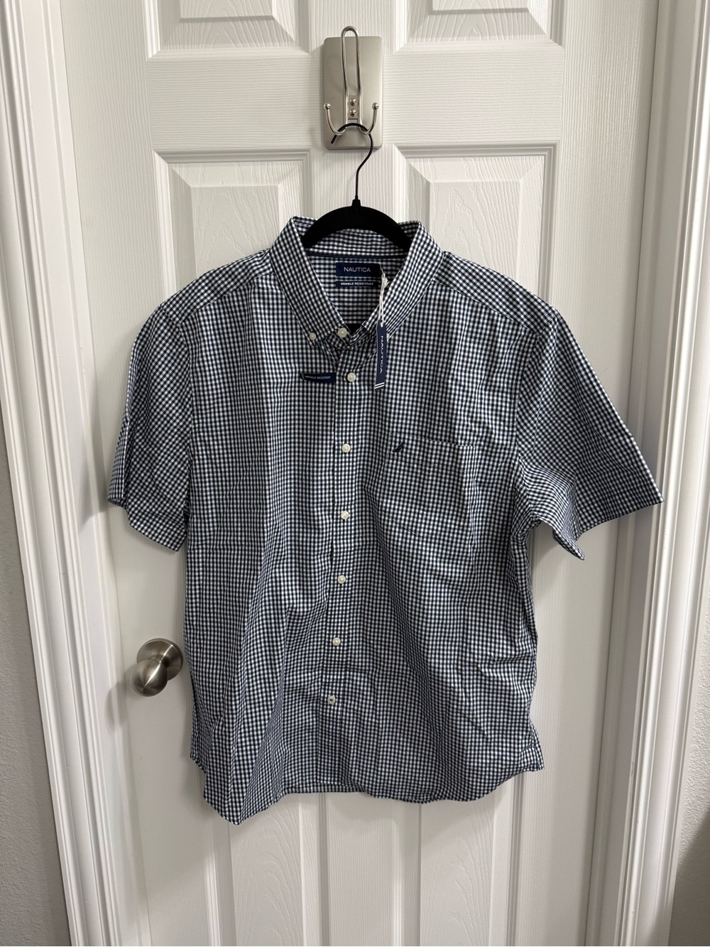 Nautica Men’s Navy and White Gingham Short Sleeve Button-Down Shirt